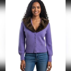 Vintage SUTTON STUDIO Wool Blend Cardigan Faux Fur Collar. Purple. XS/S